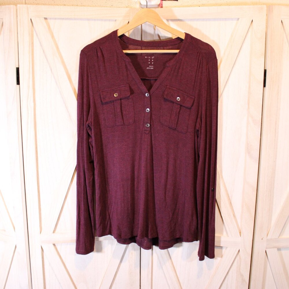 A New Day Burgundy Button Front Henley Top- Size Medium